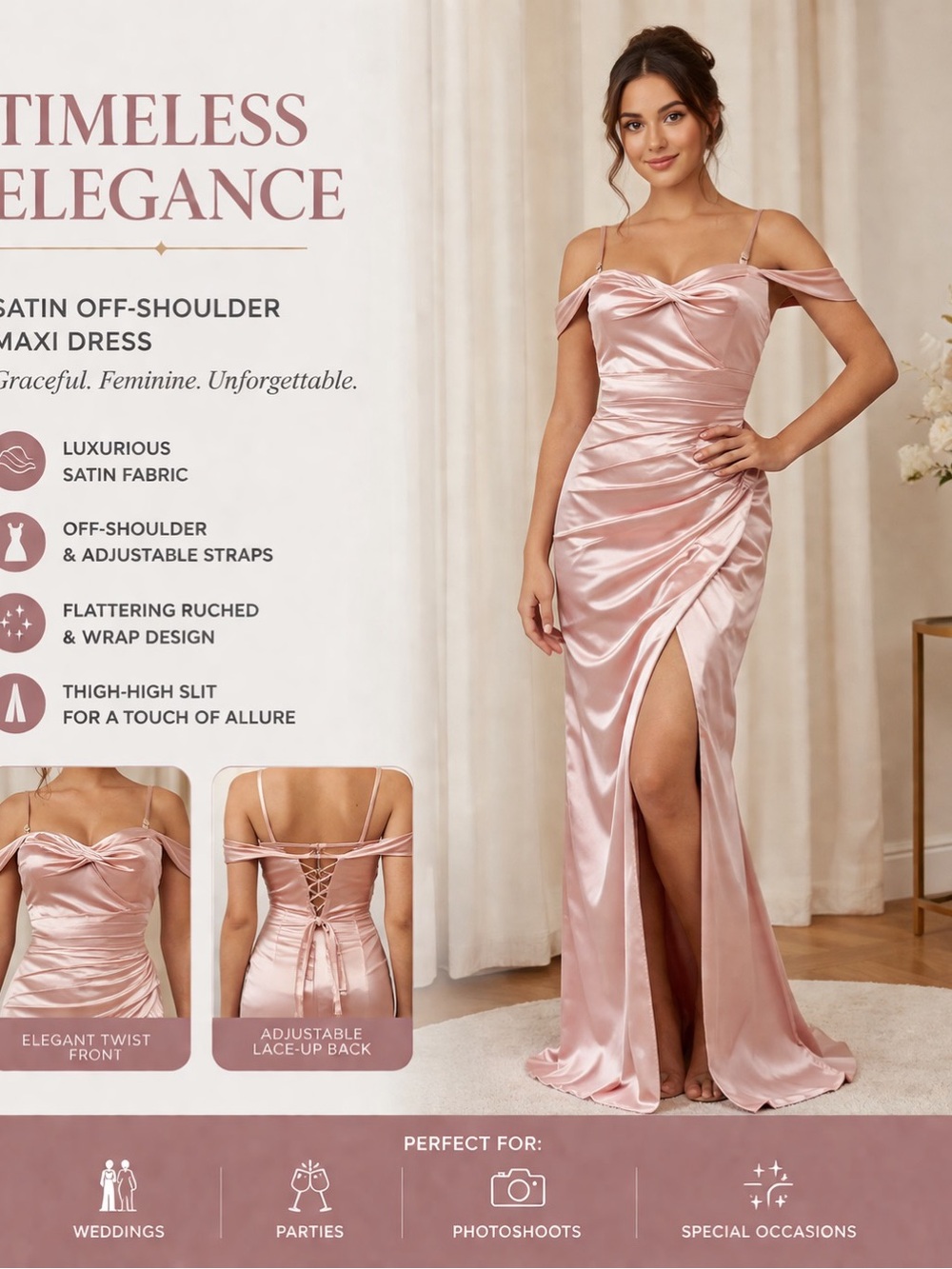 Satin Off-Shoulder Maxi Dress in Blush Pink